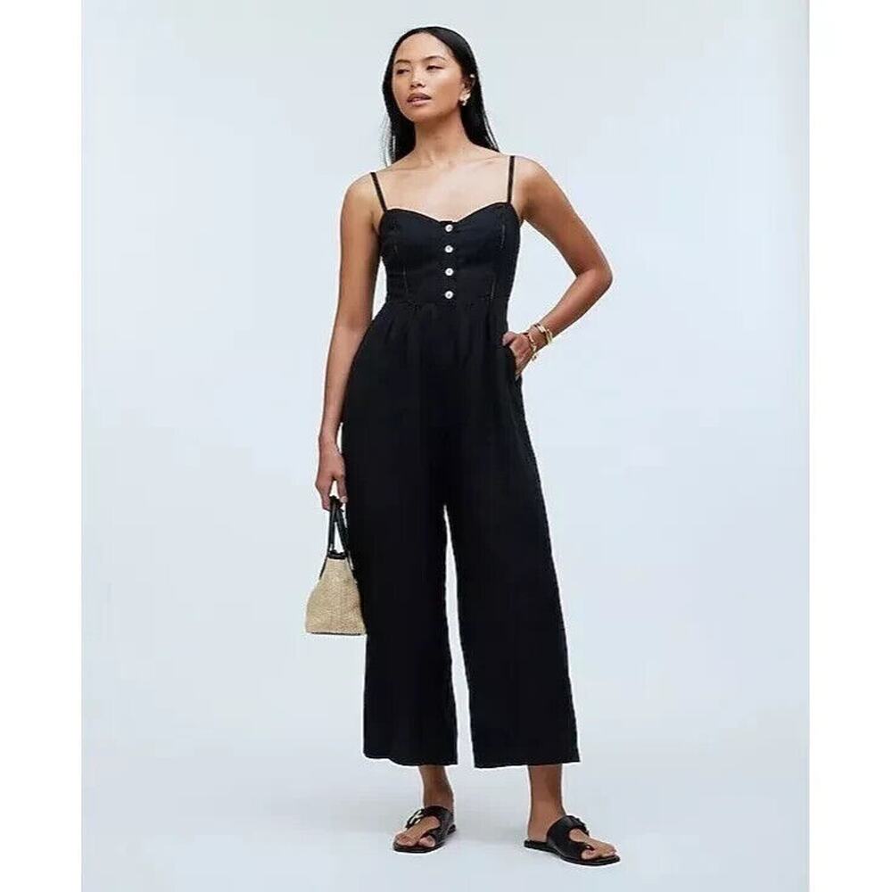 NWT Madewell Womens 4 100%‎ Linen Black Sweetheart Sleeveless Wide-Leg Jumpsuit
